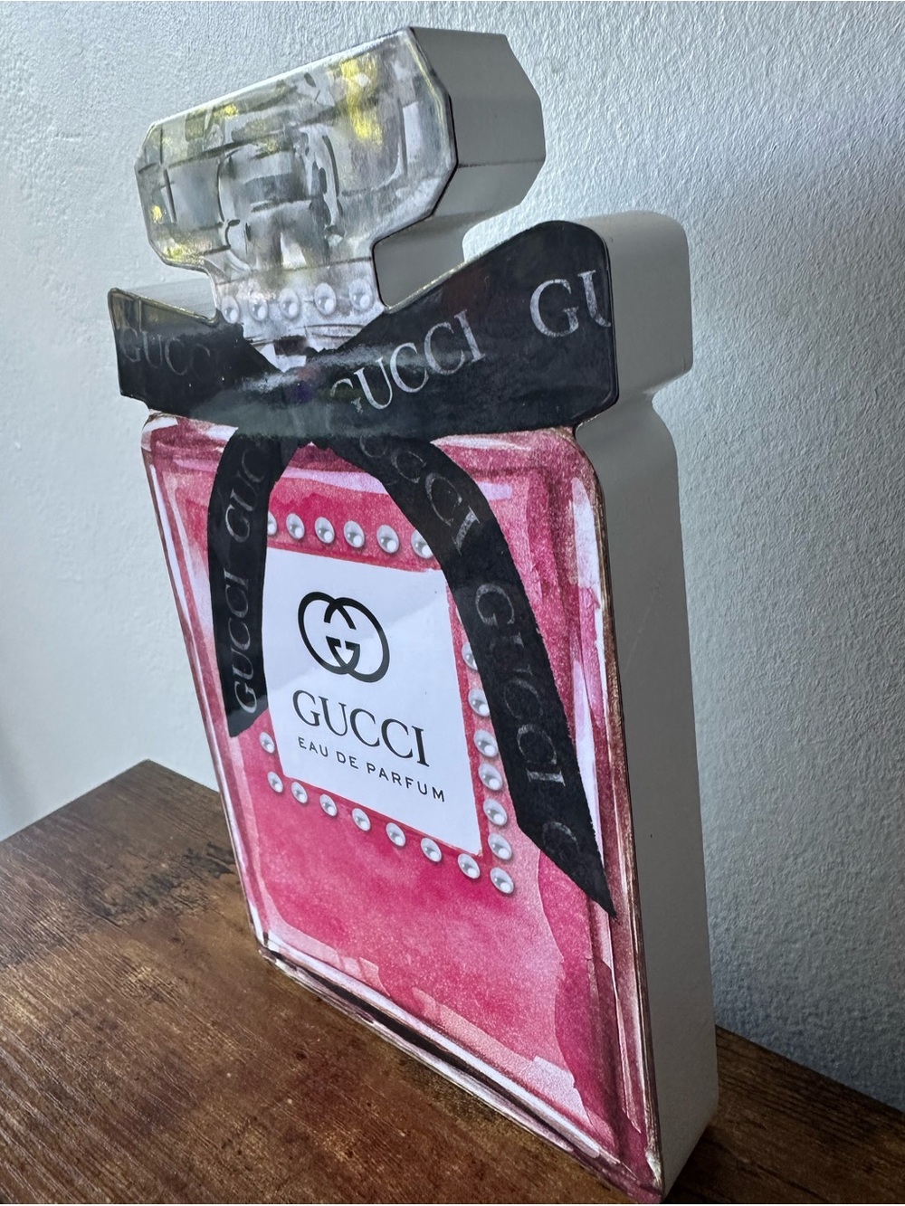 Luxury Perfume Bottle Home Decor Pink with Black Bow Design Wooden Decoration - Picture 2 of 5